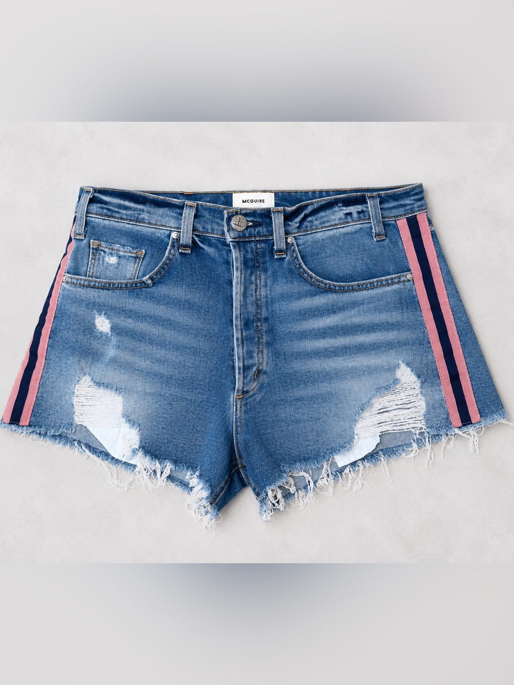 McGuire Denim Shorts 29 Side Stripe Button Fly Distressed Raw Hem USA